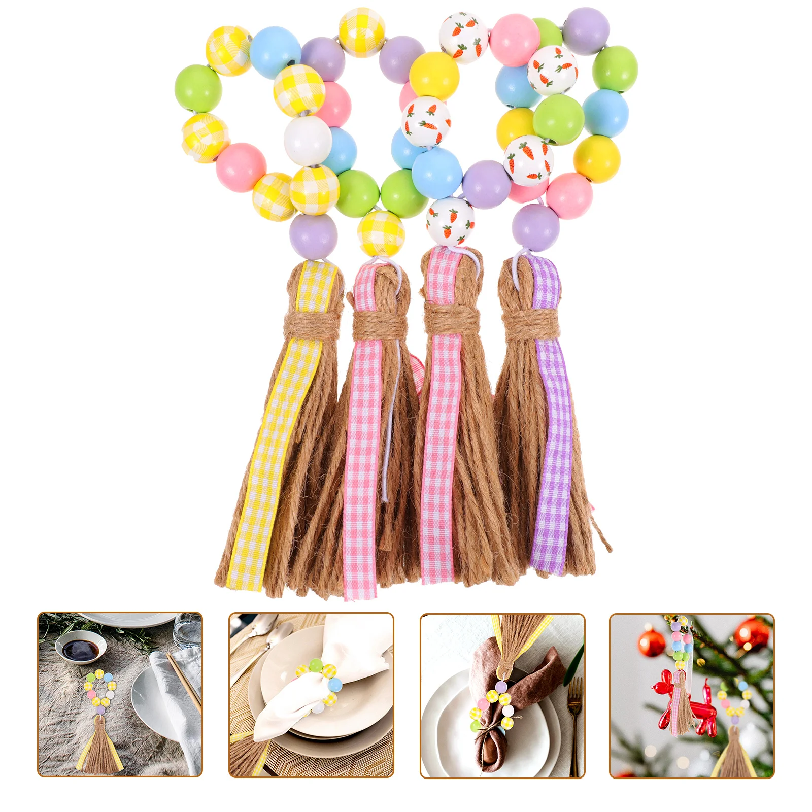 

Napkin Rings Beads Wooden Ring Holder Buckles Serviette Wood Easter Buckle Table Rustic Wedding Beaded Party Rope Bead Tassel