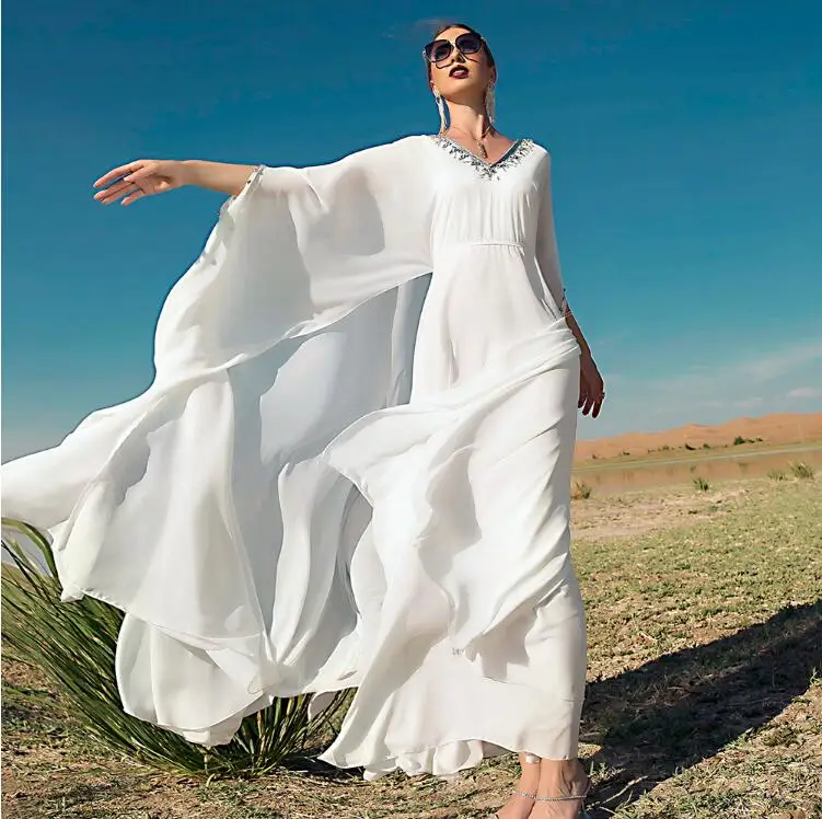 

Muslim Women's Dress Dubai White Abaya Türkiye Chiffon Dress Long Rhinestone