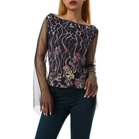 womens spring autumn slim tops black flared sleeve flower embroidery patchwork blouse