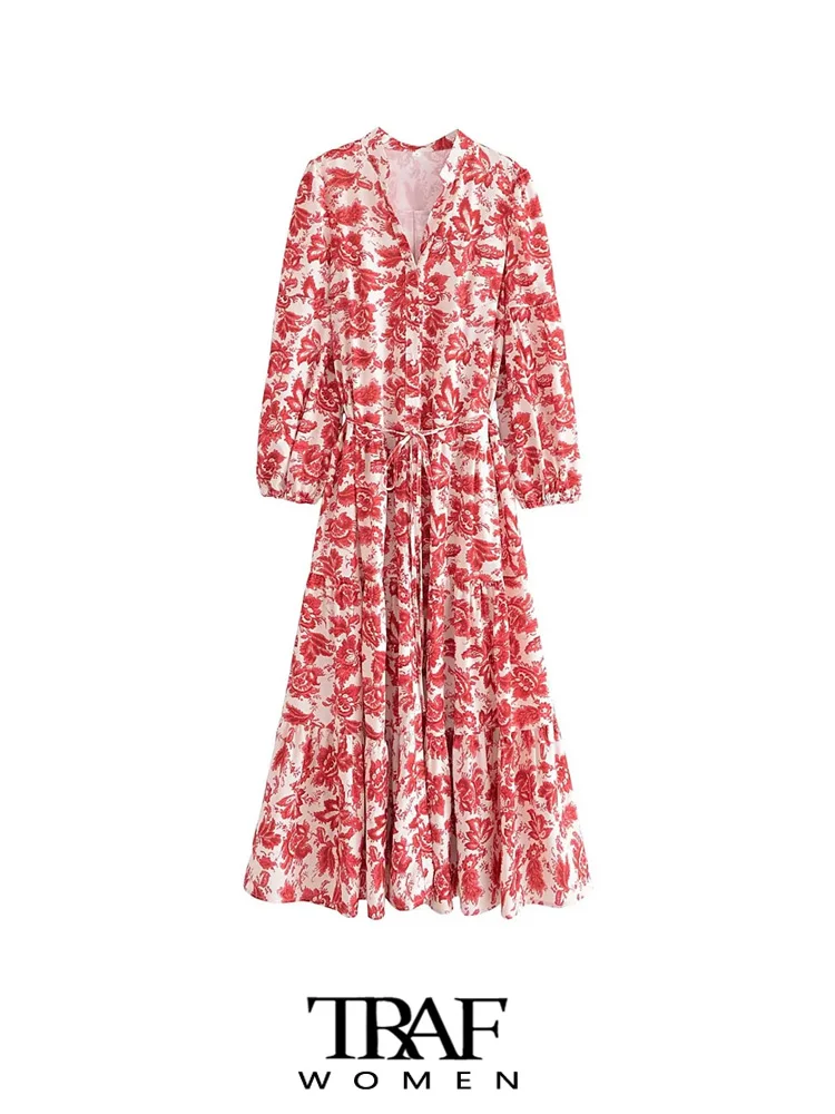 

Платье-миди с поясом, цветочным принтом и длинным рукавом