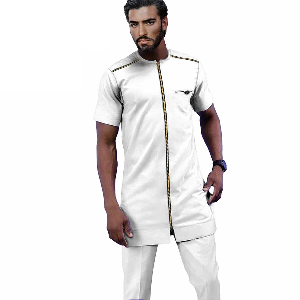 

Модный костюм для африканвечерние с молнией и брюками богатый базин традиционный костюм с круглым вырезом и коротким рукавом африканские к...