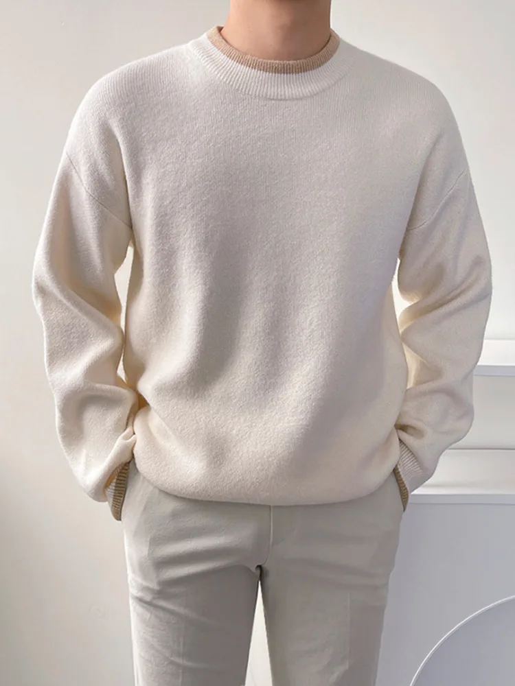 

SYUHGFA Men's Wear 2023 Autumn Winter Round Collar Solid Color Sweater Loose All-match Korean Streetwear Kintted Sweater