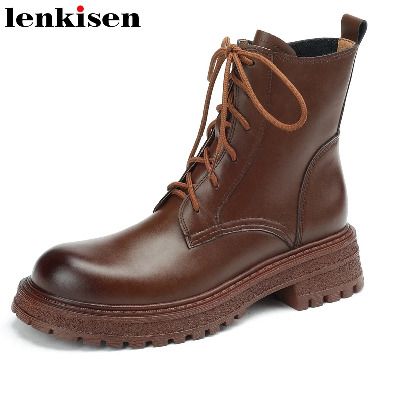 

Мотоциклетные ботинки Lenkisen с круглым носком, модная повседневная обувь из воловьей кожи, на толстой подошве, полусапожки в стиле сафари, со ...