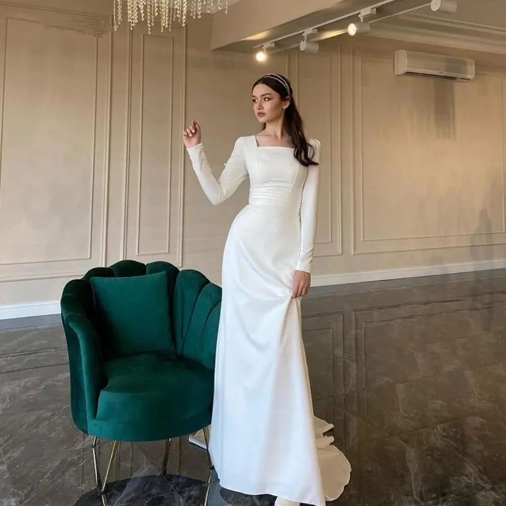 

GUXQD Simple Sheath Long Sleeves Wedding Dress Soft Satin Square Neck Buttons Floor Length Elegant Women Bride Formal Dresses