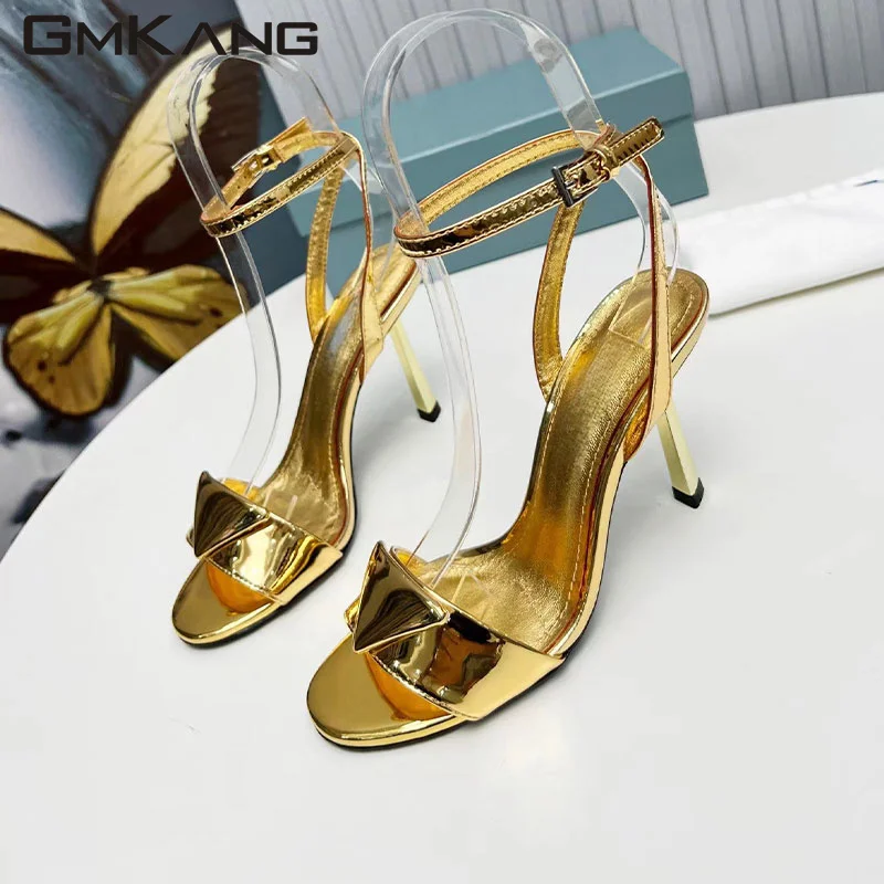 2023 New Chunky Heels Sandals Woman Patent Leather One Strap Runway Shoes Female Peep Toe Summer High Heels Sandals Women