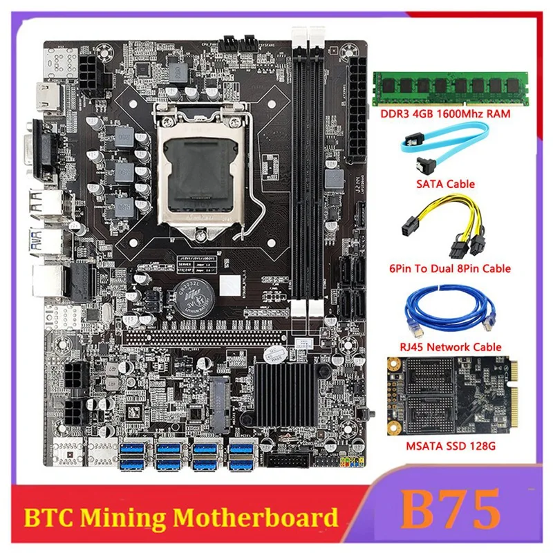 

Материнская плата B75 для майнинга, LGA1155 8GPU PCIE USB DDR3 4 Гб 1600 МГц ОЗУ + кабель SATA ++ MSATA SSD 128G Биткоин B75 USB Майнер