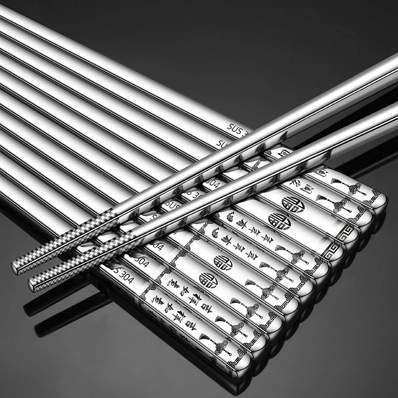 

304 Stainless Steel Chopsticks Square Gift With Blessing 5 Pairs Words-Character Laser Metal Half Square Chopsticks