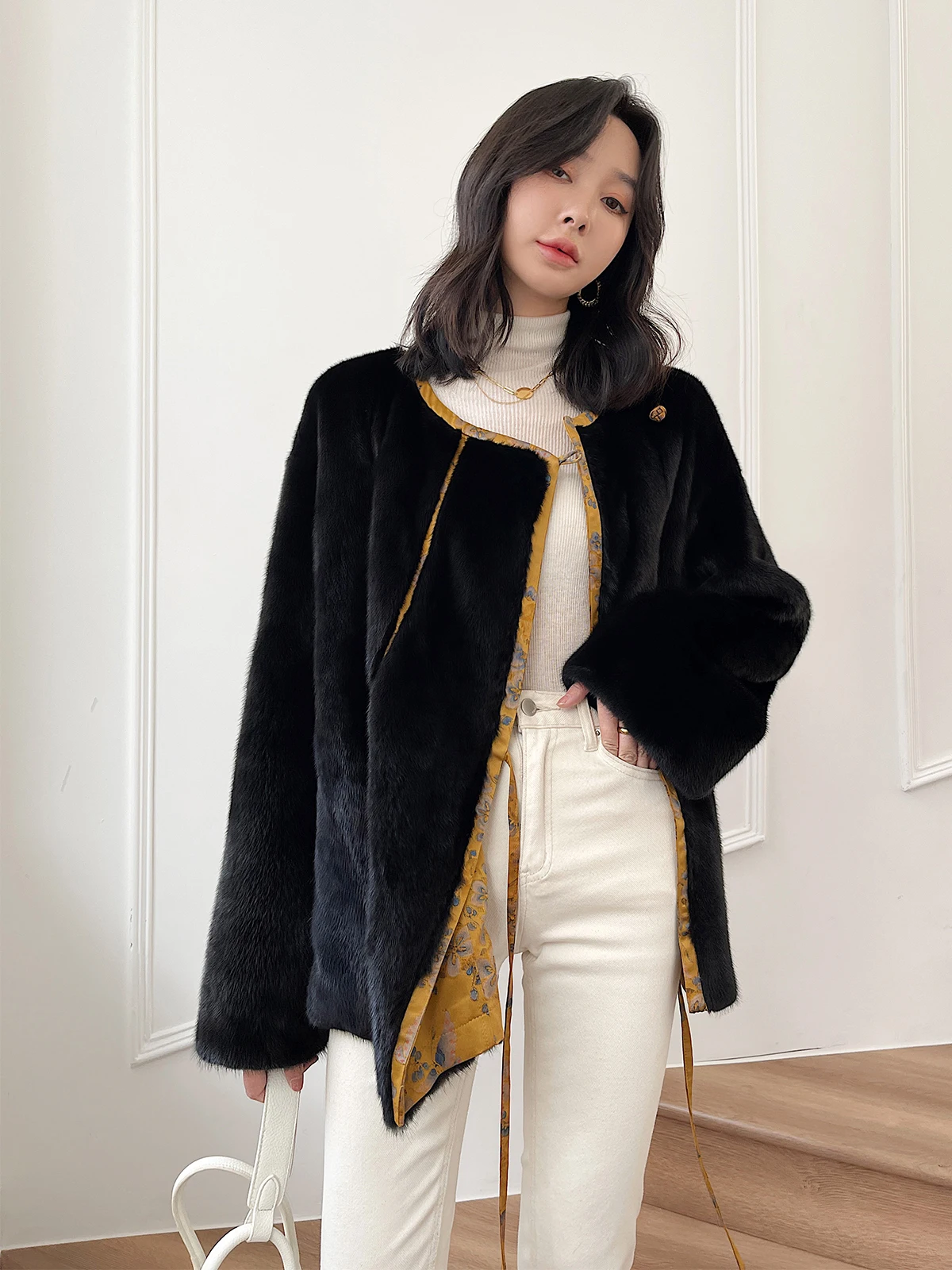 Marten Overcoats Women's Double-Sided Wear Chinese Style Mink Fur Coat Whole Mink Imported Velvet Winter