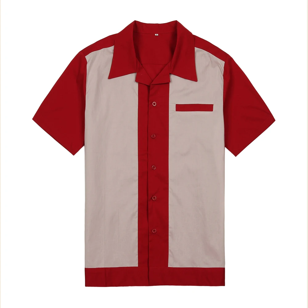 

SISHION Men Casual Shirt ST111 Cotton Short Sleeve Grey Blue Green Vintage Rock Bowling Shirt 50s Male Clothing