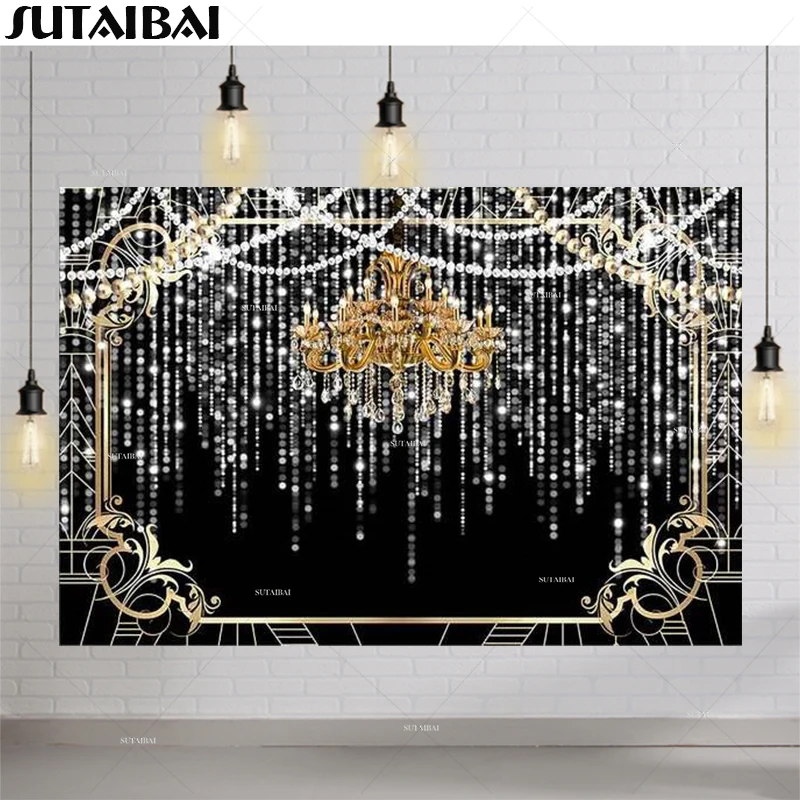 

Great Gatsby Theme Birthday Party Photography Background Black Golden Line Tassel Bokeh Customize Birthday Party Decor Backdrops