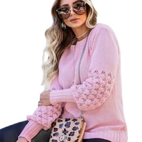 2021 new style hot sale ladies fashion casual commuting ladies solid color hollow lantern sleeve woolen long sleeved sweater