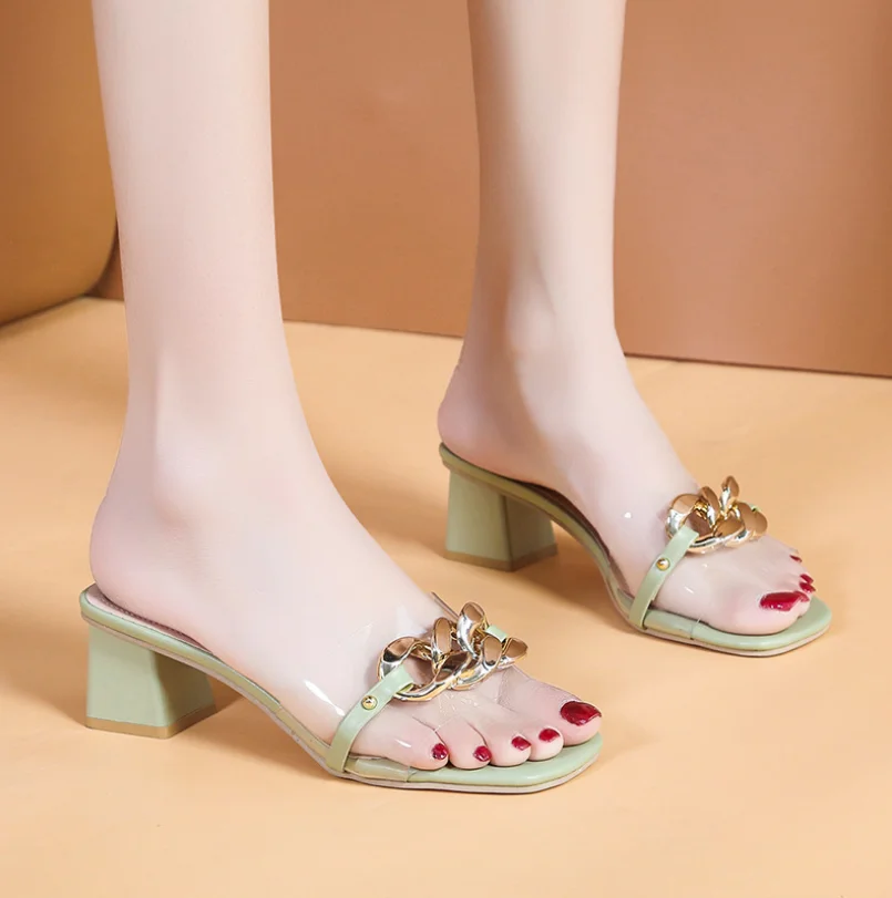 

Transparent Pvc Fashion Slippers Women Wear Lazy Out High Heel Slippers Design Women Sandal Hot Square Heel Ladies Chain Shoes