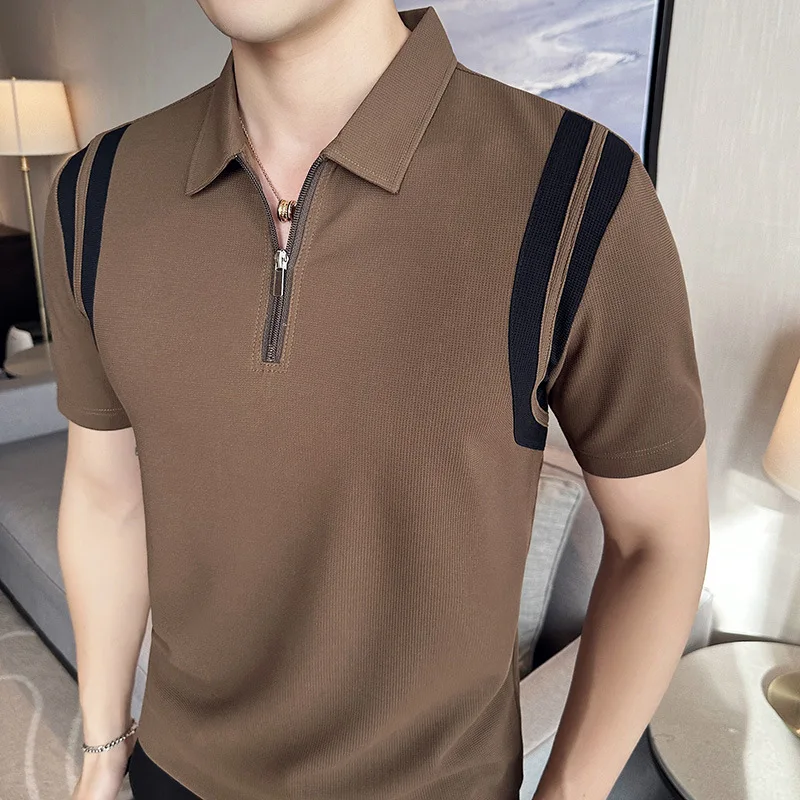 Лето 2023 мужская рубашка поло на молнии модные в полоску с принтом уличная одежда