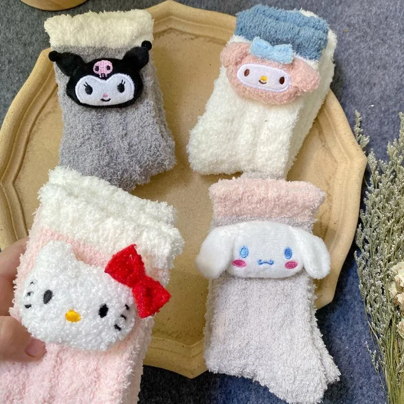 

Hello Kitty Things Plush Toy Sanrio Plushie Kawai Doll Kuromi Cinnamoroll Winter Warm Socks Household Coral Velvet Gift for Girl