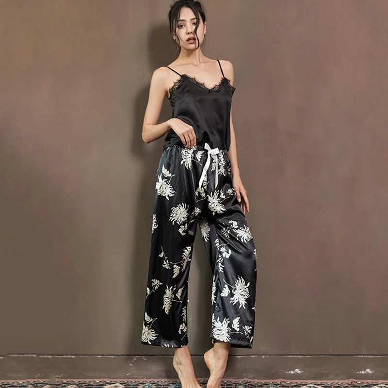 Ice Silk Pajamas Sets for Woman Home Clothe Nightwear Luxury Fashion Floral Print Sexy Sleepwear Leisure Satin Pyjama Sleep Suit