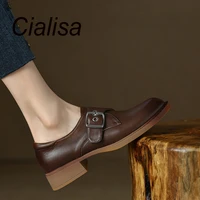 cialisa handmade genuine leather brown concise flats round toe thick low heels walking style women shoes spring autumn size 40