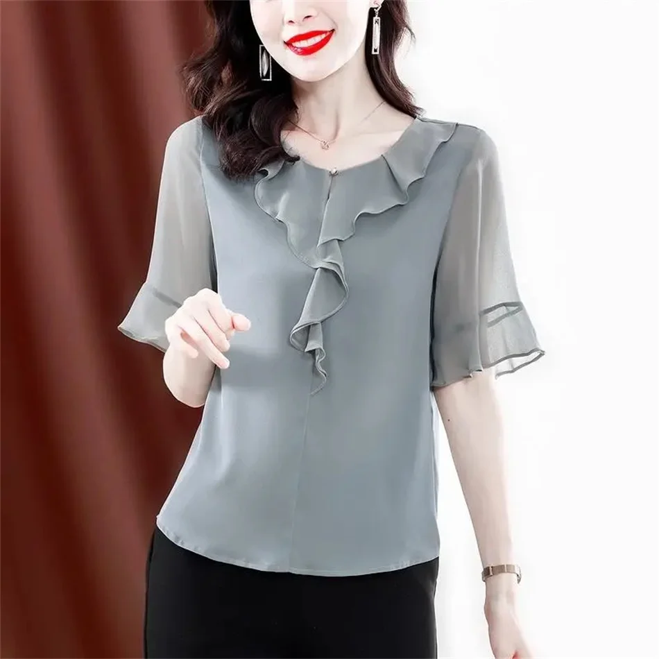 

Модные женские шифоновые рубашки темпераментная Элегантная блузка с коротким рукавом Блузка женская шикарная одежда топы на лето