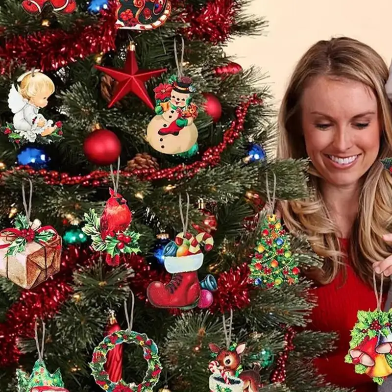 24 шт. деревянные елочные украшения винтажные рождественские яркие цвета