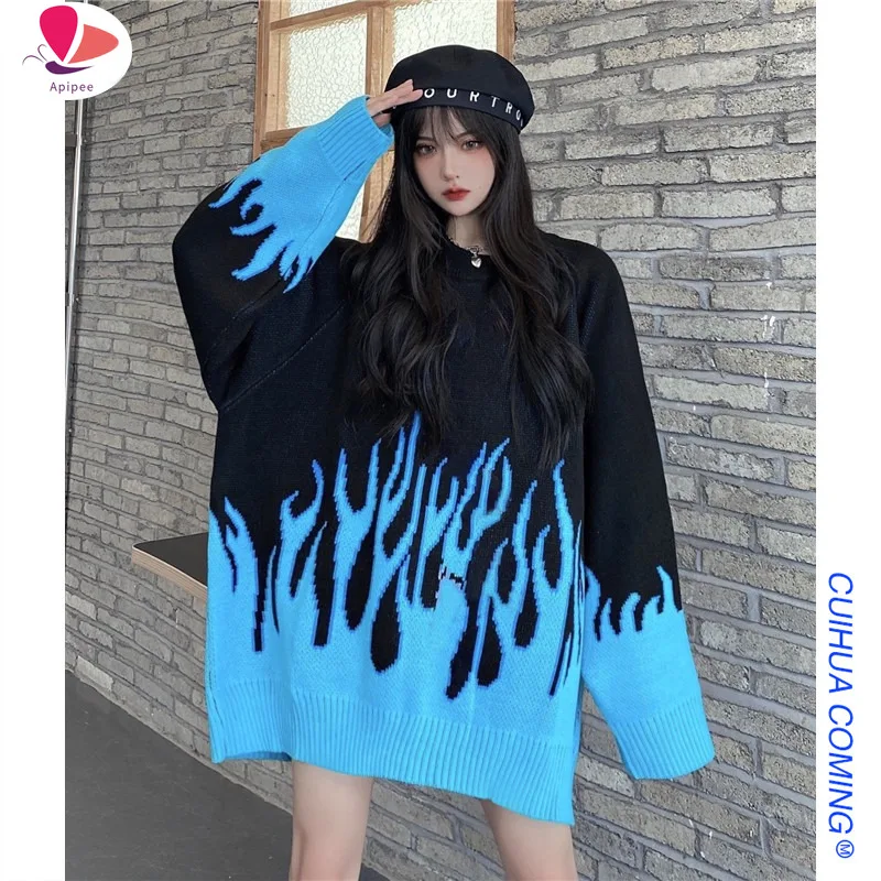 Свитер женский уличная одежда ретро пламенный узор хип-хоп осень пуловер из