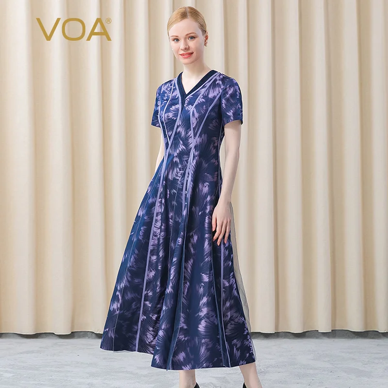 

VOA Silk Yarn-dyed Jacquard 23m/m Mitak Pleat Stitching V-neck High Waist Literary Silk Short Sleeve Dresses for Women AE726