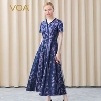 voa silk yarn dyed jacquard 23mm mitak pleat stitching v neck high waist literary silk short sleeve dresses for women ae726