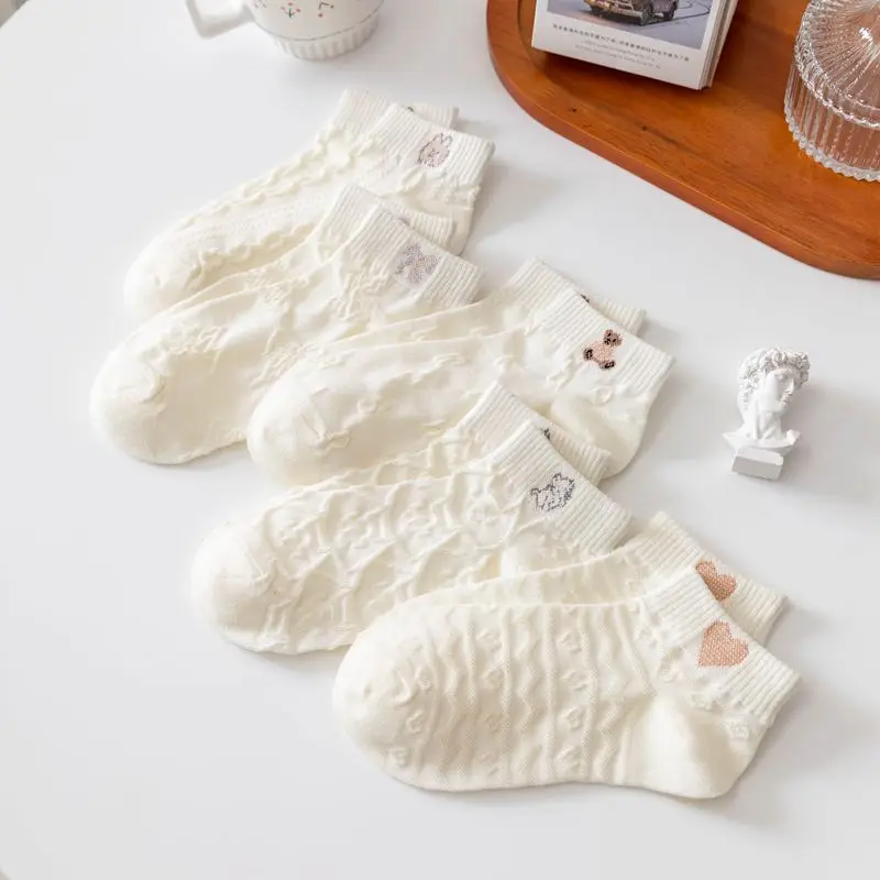 5pairs New White Cute Boat Socks Cotton Simple Short Tube High Elastic Small Fresh Women's Jacquard Socks Ins Casuals Girl Socks