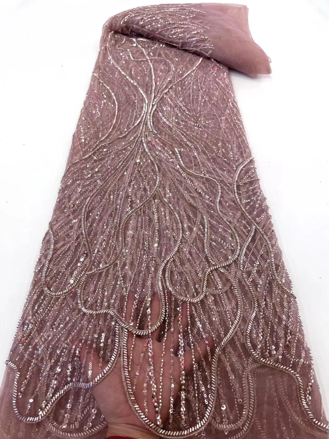 

5Yards Luxury Heavy Handmade Embroidery Sequence Lace Africa French Tulle Sequins Lace Fabric with Beads for Wedding PartyXC5424