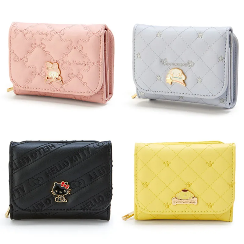 

Kawaii Cute Small Wallet Women Fashion Lattice Yellow Blue Black Pink Purse Anime Short Leather Wallets Ladies Money Bag Clips