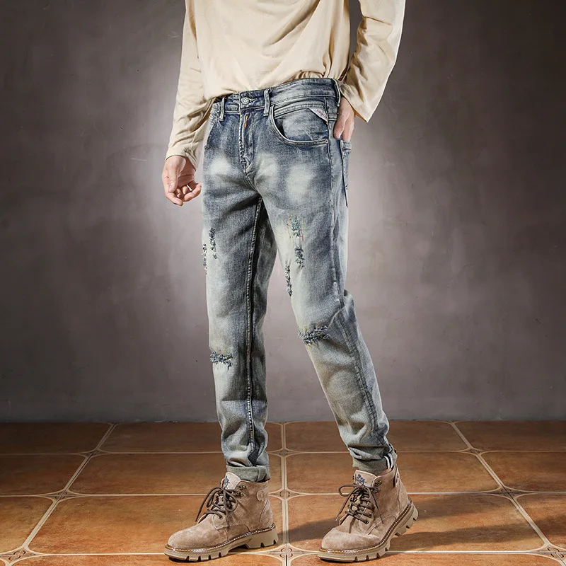 Jeans for Men Vintage Ripped Jeans Personality Slim Pants Light Washed Fashion Classical Casual Denim Pants Homme Blue Jeans