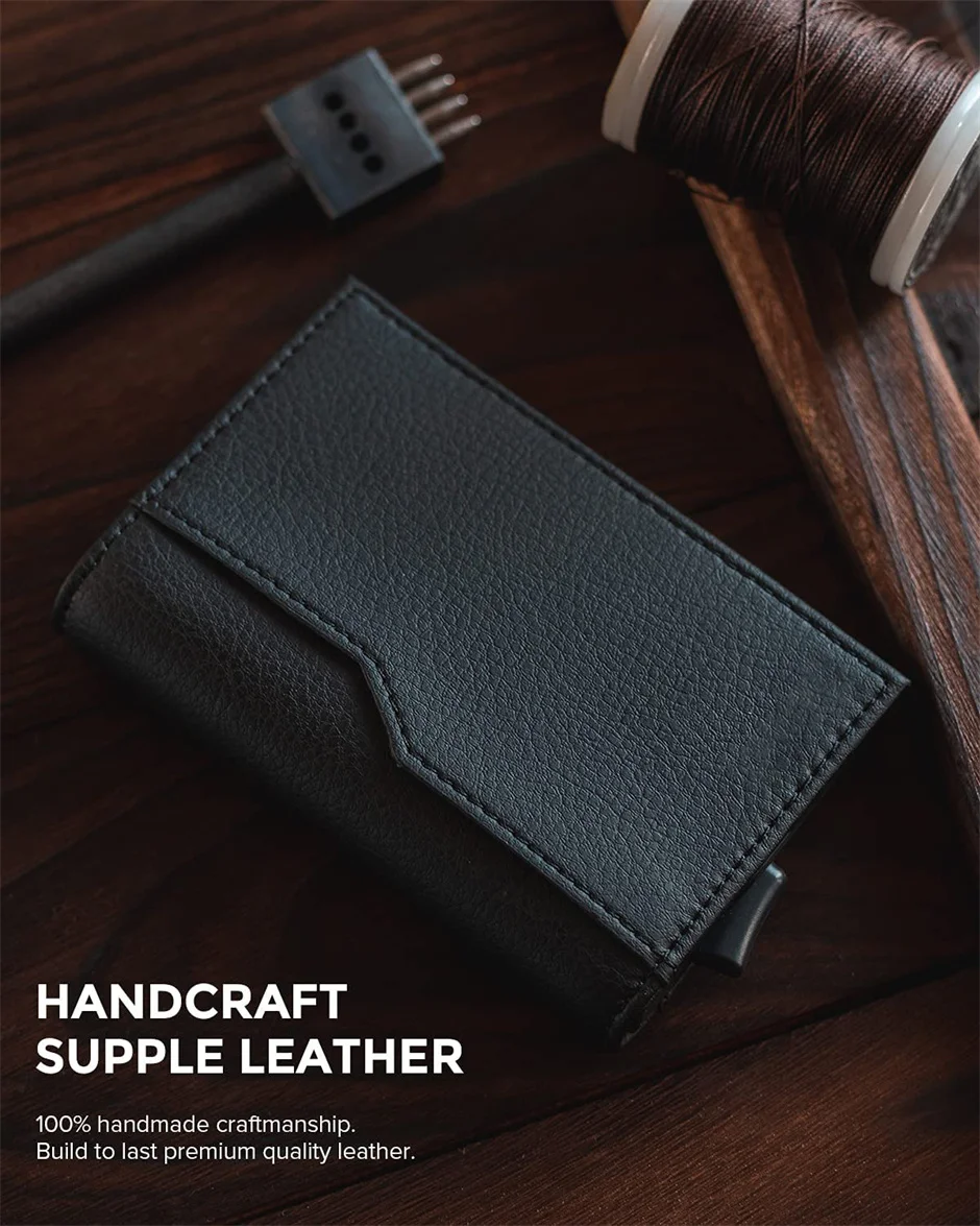 Credit Card Case with Double ID Window Genuine Leather RFID Blocking Automatic Leather Pop Up Wallet for Cards Notes Men Slim