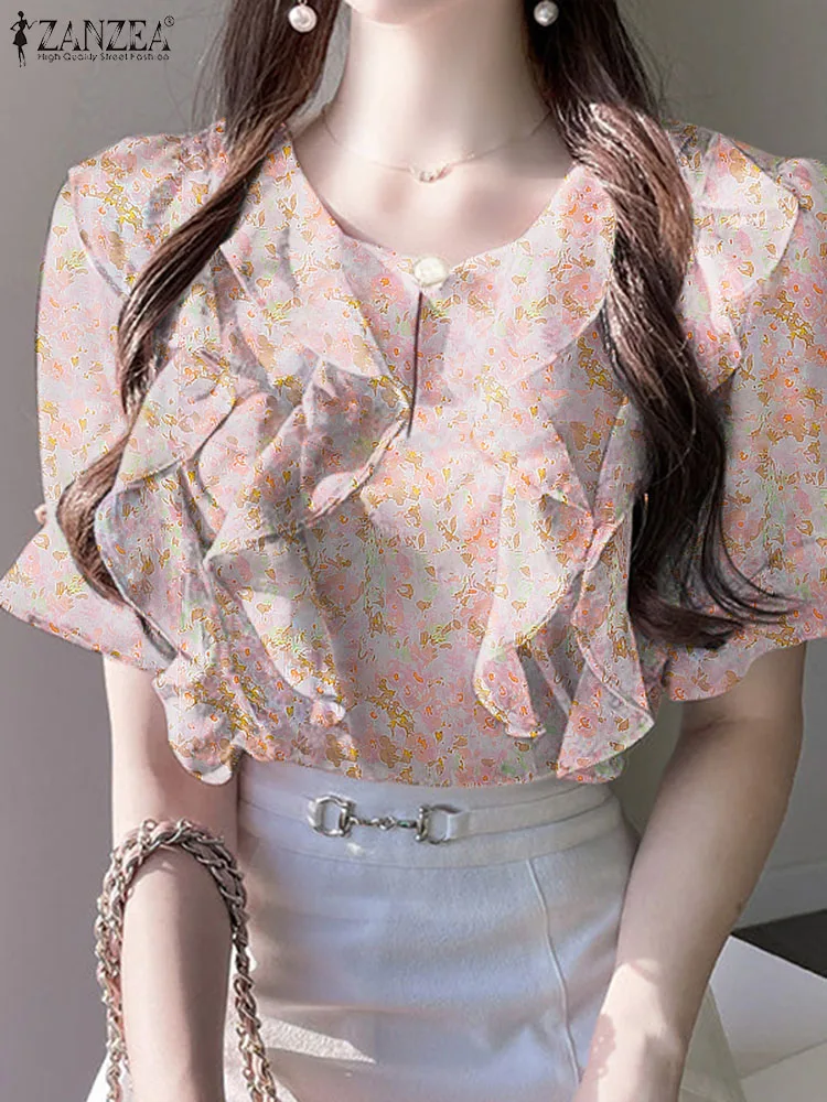 

ZANZEA Fashion Ruffles Stitching Blouses Casual Floral Print Short Sleeve Elegant Blusas Women Round Neck Summer OL Tunic Tops