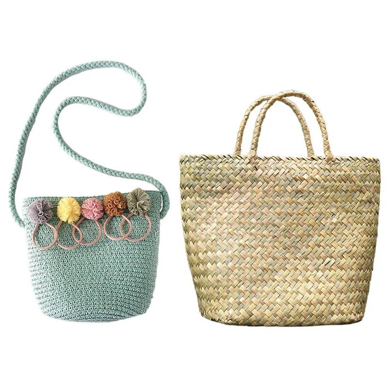 

Girls Shoulder Bag Straw Rattan Weave Crossbody Bag (Green) & Women Handbag Handmade Summer Straw Bag B