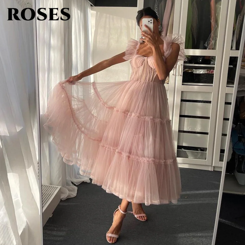 

Simple Pink Prom Dresses Spaghetti Straps Tiered Tulle Prom Gowns Exposed Boning A-Line Tea-Length Wedding Party Dresses