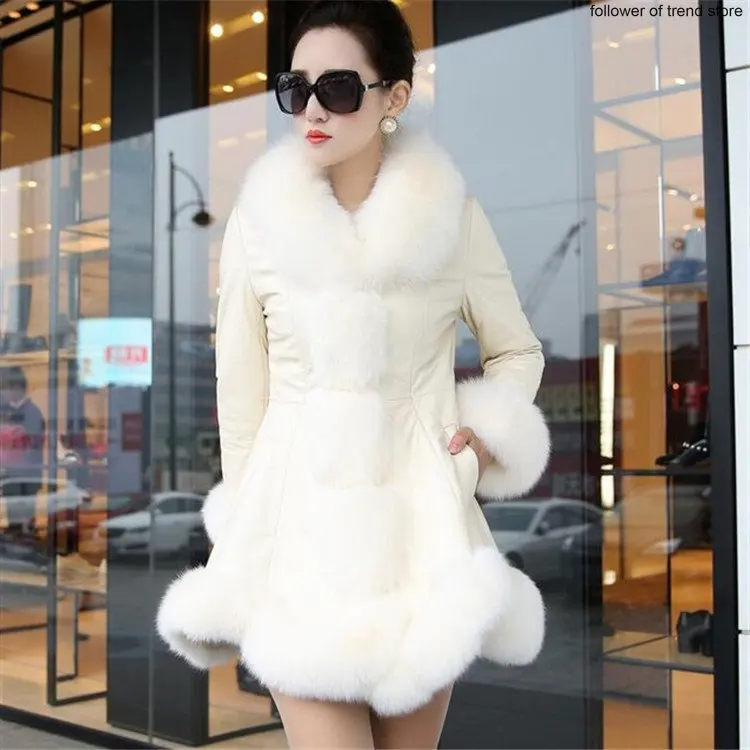 Korean Winter Faux Fur Coat Female Faux Fox Fur Collar Fur Coats Jacket Cotton Coat Long Sleeve Long Slim Long Fur Coat Dress