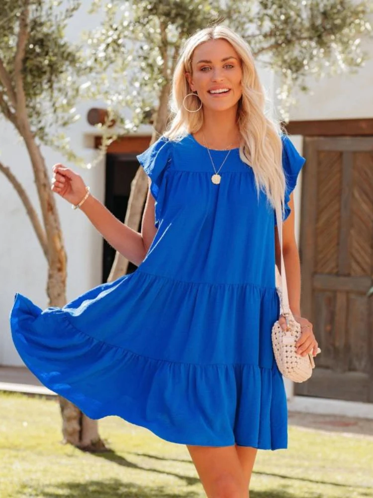 

Fashion Simple Women's Clothing 2022 Spring and Summer New Pleated Loose Solid Color Short-sleeved Cake Skirt Ladies Dress Chic