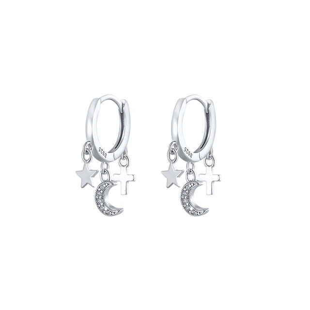 Celestial Elegance: 925 Sterling Silver Star & Moon Pendant Drop Earrings for Women