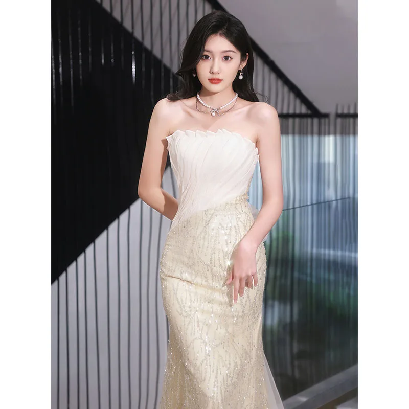 Women Bow Long Mermaid Evening Dress Celebrity Formal Champagne Tube Top Prom Gowns robes de soirée