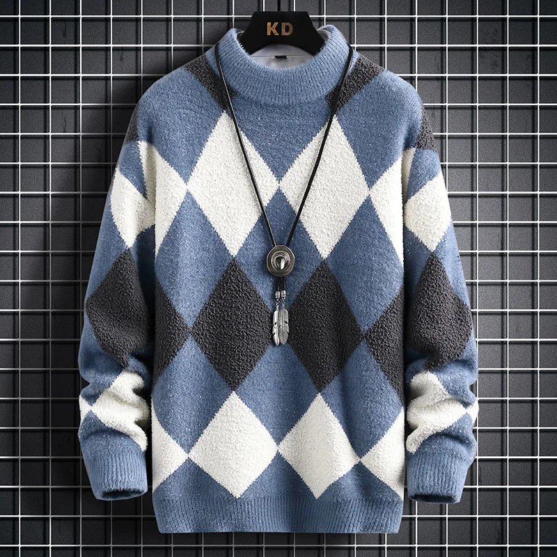 

Winter 2023 New Fashion Thick Argyle Sweater Men Luxury Male Pullovers Cashmere Mens Christmas Sweaters Keep Warm Pull Homme