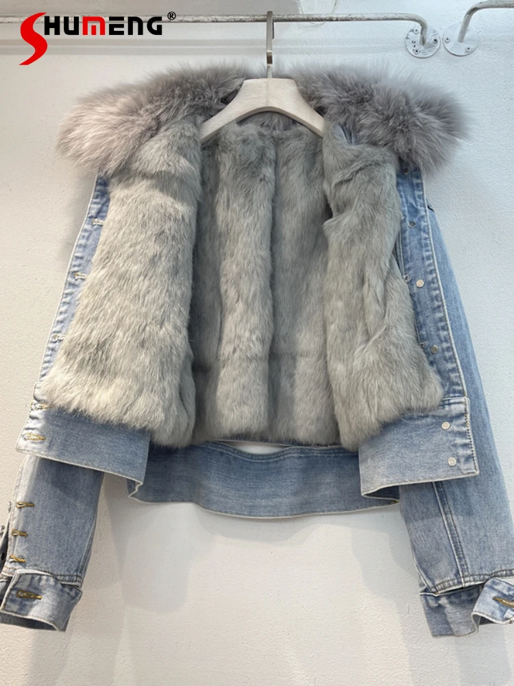 

Women's Rabbit Fur Liner Thickening Denim Jacket 2023 New Fashion Women Warm Long Sleeve Detachable Fox Fur Collar Jean Coat