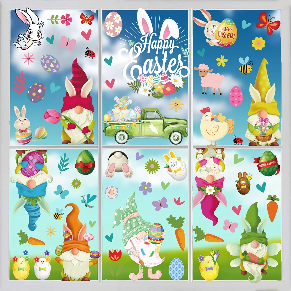 

9Pcs Easter Window Stickers Cute Eggs/Bunny/Carrot/Gnome Window Door Clings Decals for Home Decoration Party Supplies