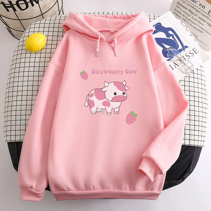 Kawaii Strawberry Cow Women's Oversized Hoodie Casual Versatile Cute Girls Long Sleeve Sweatshirts 2022 New Unisex Tops