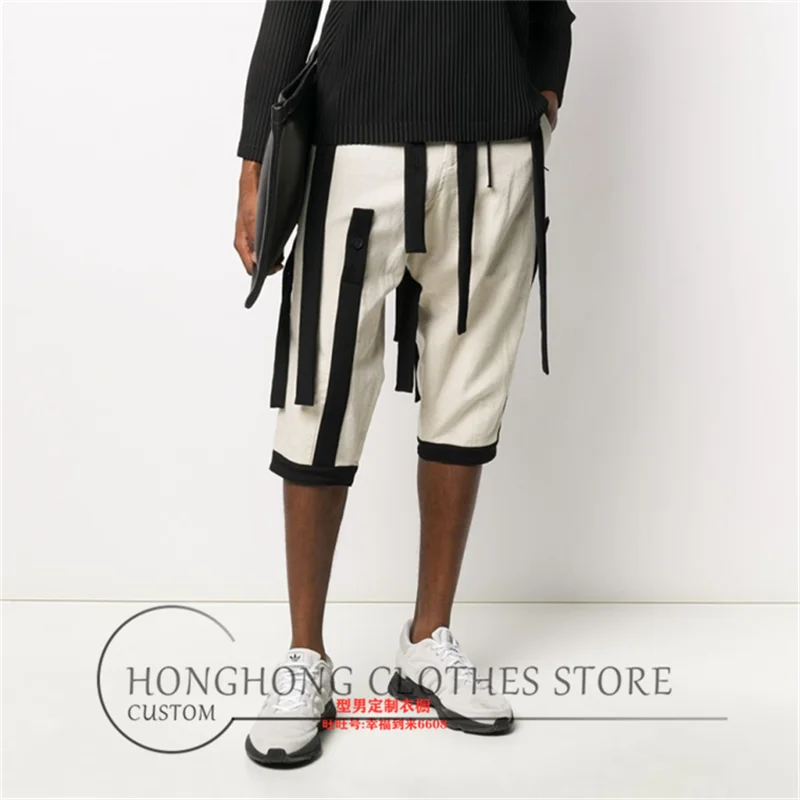 The new summer trend men casual casual shorts handsome thin five minutes pants splicing belt decorative pants