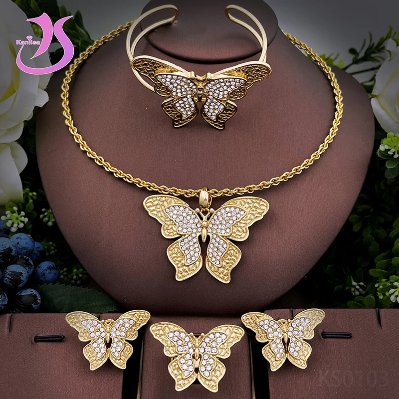 

Italy 18k Gold Plated Jewelry Sets For Women Rhinestone Jewelry Butterfly Pendant Necklace Earrings Set Charm Bracelet