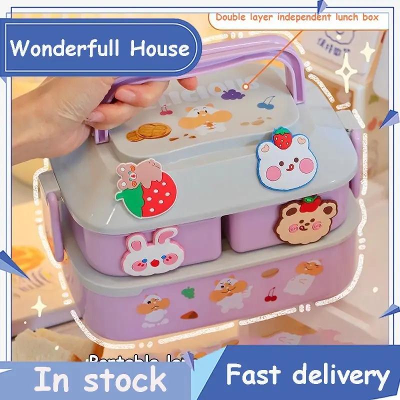 

Lunchbox School Child Food Storage Box Thermal Insulated Microwavable Food Storage Container Double Grid Layer Leakproof Cute