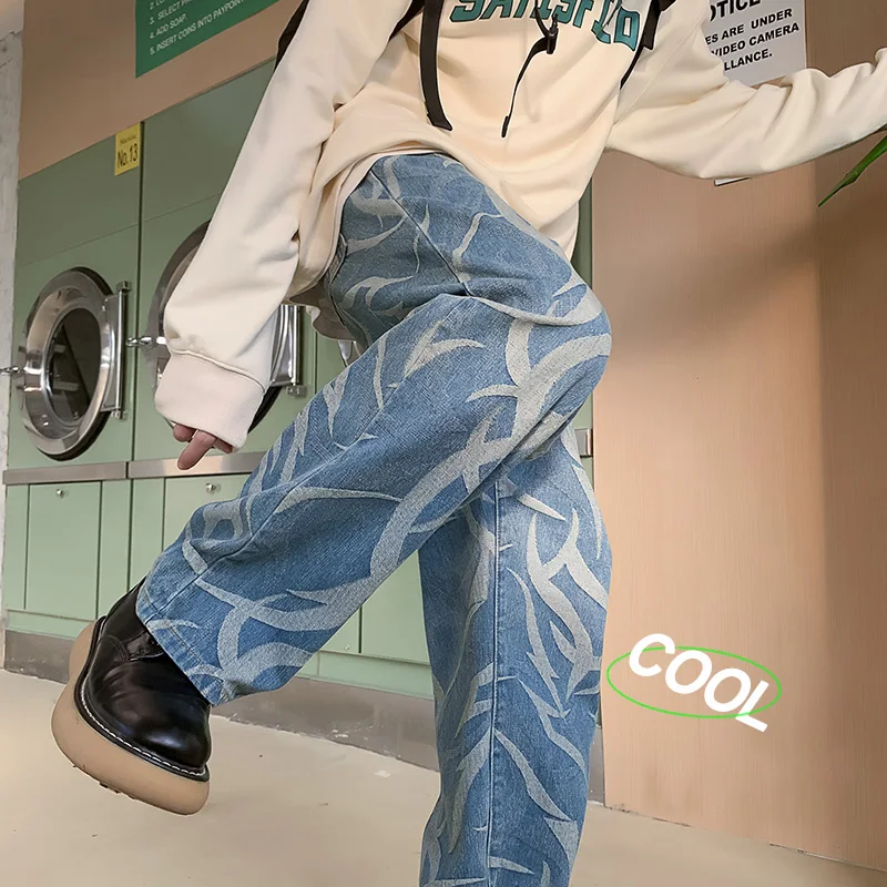 New Y2K Men's Printed Denim Pants Straight Casual Jeans Fashion Streetwear Japan Style Retro Drawstring Mopping Trousers Casual