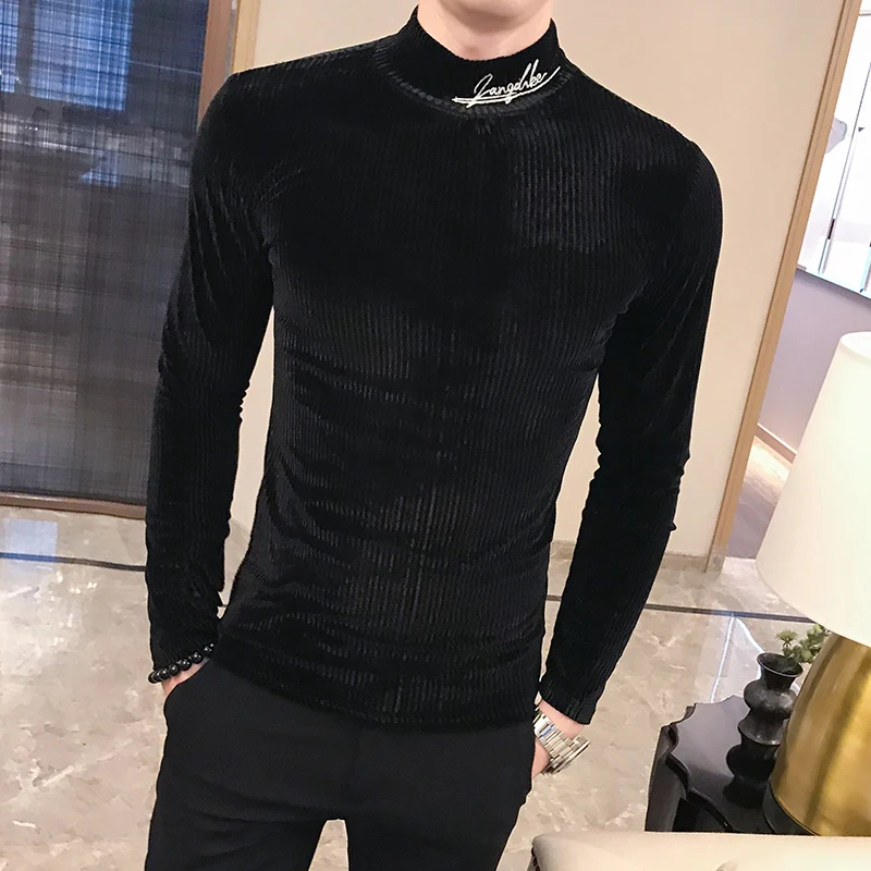 

British Style Men T Shirt Autumn New Knitted T-Shirts Mens Long Sleeve Streetwear Slim Fit Casual Turtleneck Bottom Tees Shirts