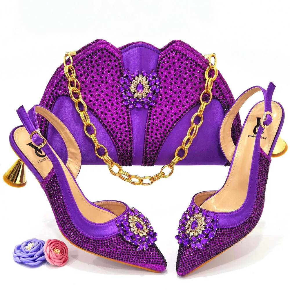 

doershow High Quality African Style Ladies Shoes And Bags Set Latest purple Italian Shoes And Bag Set For Party SRE1-11