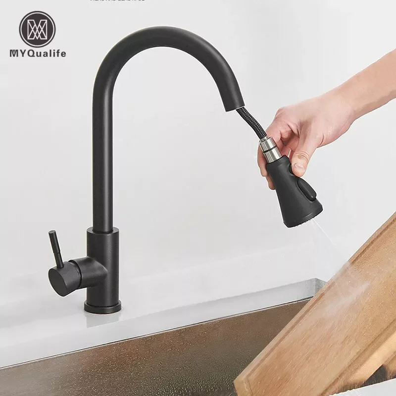 

Free Shipping Black Pull Out Kitchen Sink Faucet Deck Mounted Stream Sprayer Kitchen Mixer Tap Bathroom Kitchen Hot Cold Tap
