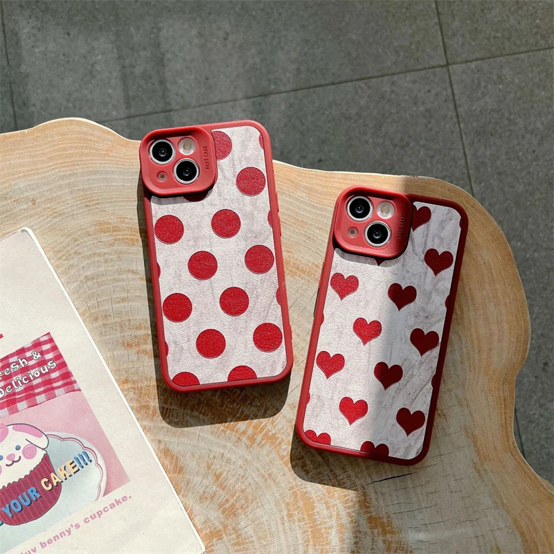 

Retro Texture Red Wine Love Polka Dots Lambskin Luxury Anti-fall Cover For iphone 11 12 13 Pro X XR Xs Max 7 8 Plus Phone Case