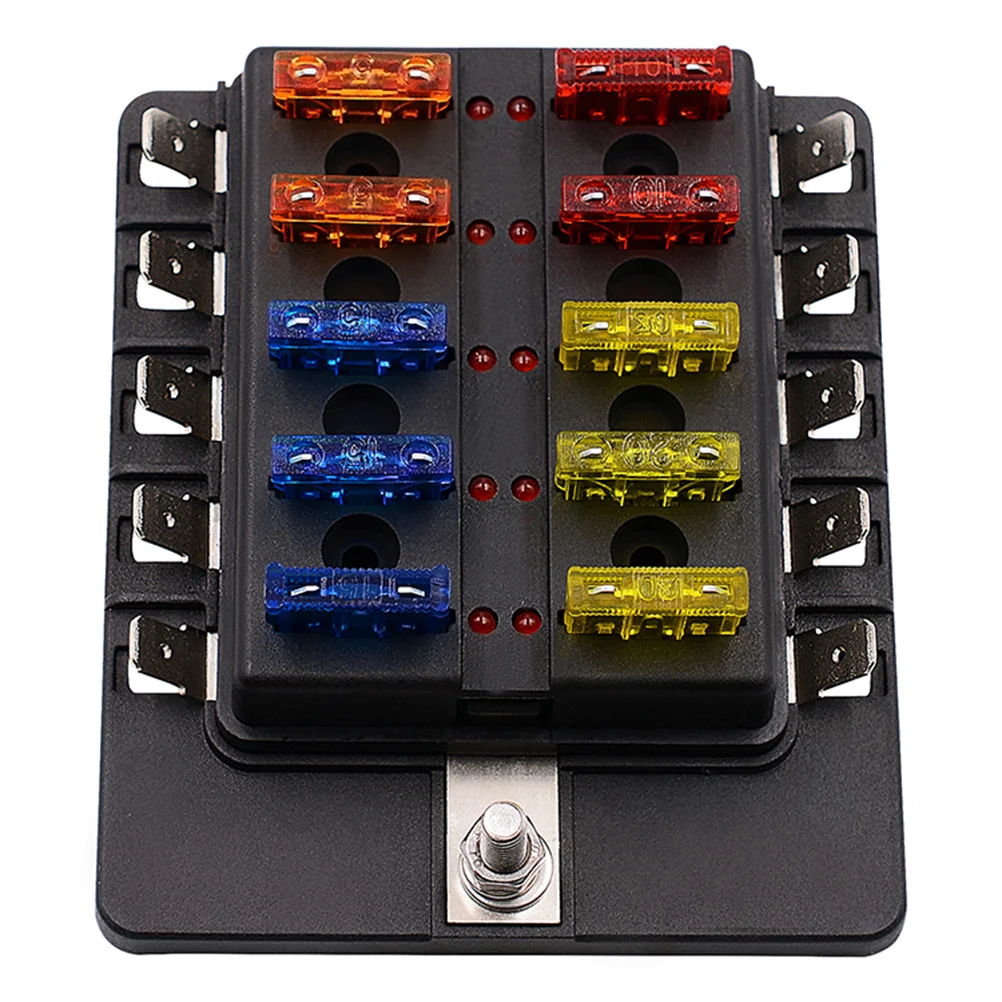 

12-32V PC Terminal Block Car RV 1 In 10 Out Fuse Box with LED Fuse Box (Black)